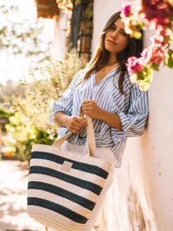 Toni Pons DESI - Large women's raffia bag with sailor stripes BLUE Clearance